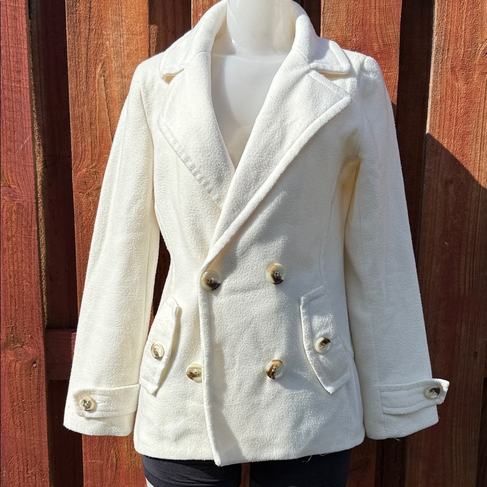 Body Central Cream White Double Breasted Fleece Pea Coat Jacket Medium M
